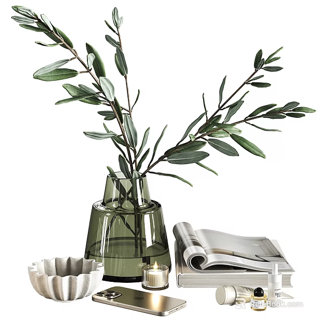 Elegant Decorative Ornament Set with Olive Branch Green Glass Vase Magazine and Candle 3d model 