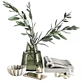 Elegant Decorative Ornament Set with Olive Branch Green Glass Vase Magazine and Candle
