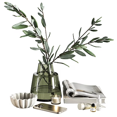 Elegant Decorative Ornament Set with Olive Branch Green Glass Vase Magazine and Candle 3d model