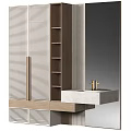 Modern Bathroom Vanity With Wooden Slatted Doors Open Shelves And White Countertop