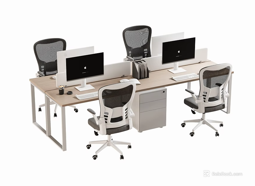 Modern Office Desk Workstation With Ergonomic Mesh Chairs Multiple Computer Monitors Keyboard And Mouse 3d model