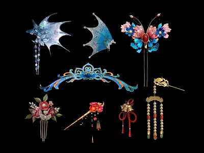 Traditional Chinese Decorative Pendants With Floral Butterfly Beads And Tassels Design 3d model