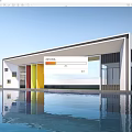 Modern Entrance Gate with White Frame Colorful Columns and Water Pool Reflection