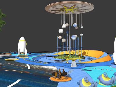 Space Themed Children's Play Area With Rocket Shaped Slide Hanging Balls And Colorful Floor 3d model
