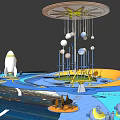 Space Themed Children's Play Area With Rocket Shaped Slide Hanging Balls And Colorful Floor