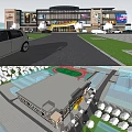 Modern Commercial Complex With Glass Facade Parking Areas And Basketball Court
