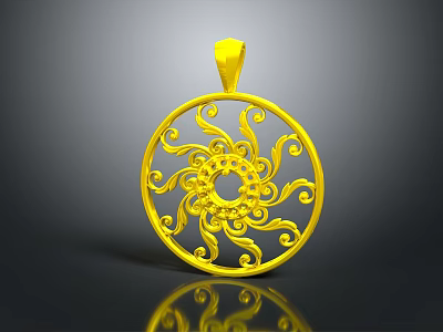 Elegant Gold Circular Pendant With Intricate Spiral Patterns And Decorative Center 3d model