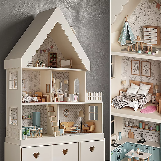 Detailed Dollhouse Interior With Multiple Rooms Miniature Furniture Sofa Bed Cabinets Decorative Wallpaper And Ornaments 3d model 