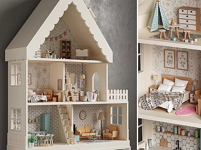 Detailed Dollhouse Interior With Multiple Rooms Miniature Furniture Sofa Bed Cabinets Decorative Wallpaper And Ornaments 3d model