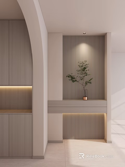 Entryway Hallway Design With Wooden Cabinets Slatted Accent Wall LED Strip Lights And Potted Plant 3d model 