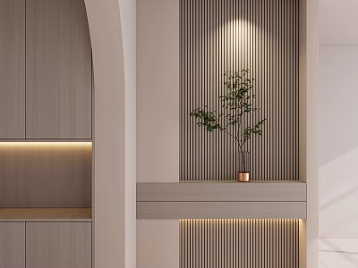 Entryway Hallway Design With Wooden Cabinets Slatted Accent Wall LED Strip Lights And Potted Plant 3d model