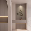 Entryway Hallway Design With Wooden Cabinets Slatted Accent Wall LED Strip Lights And Potted Plant