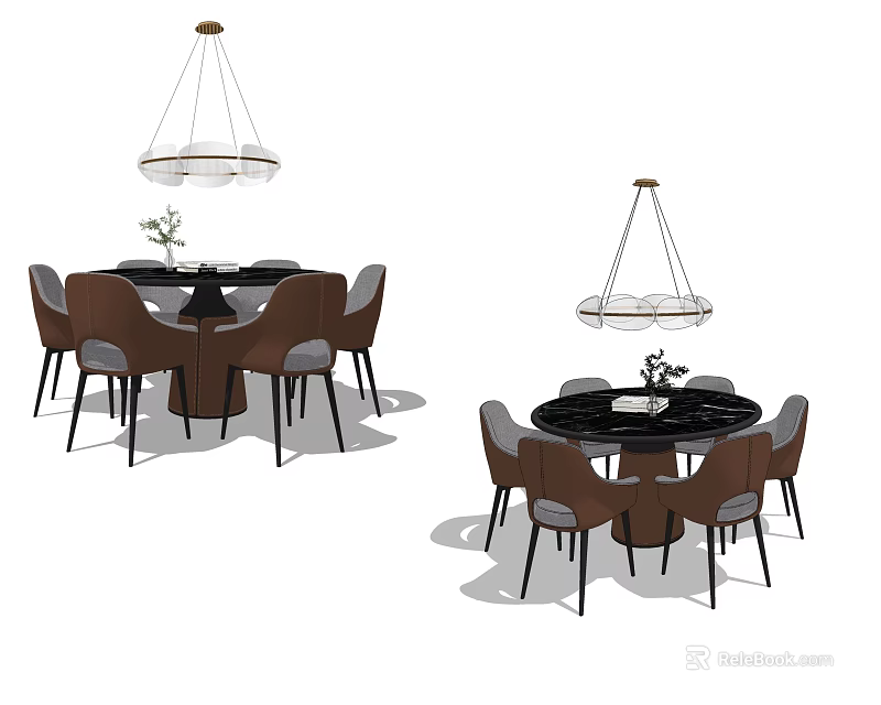 Modern Dining Table Set With Round Table Brown Chairs And Hanging Pendant Light 3d model
