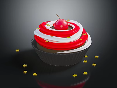 Delicious Cupcake With Red And White Cream Cherry On Top Surrounded By Yellow Star Decorations 3d model