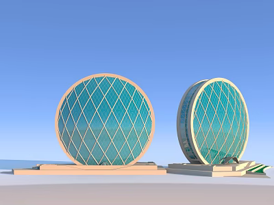 Circular Buildings With Turquoise Diamond Patterned Glass And Light Colored Base Against Blue Sky 3d model