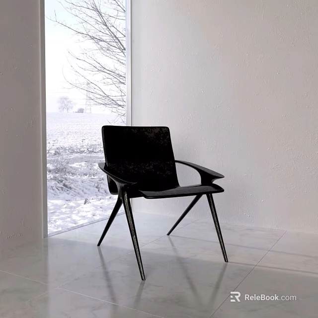 Black Modern Leisure Chair in Bright Room With Large Window Snowy View White Tiled Floor 3d model 
