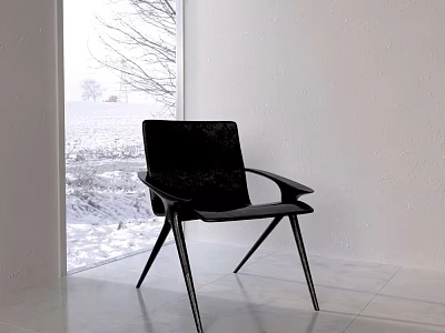 Black Modern Leisure Chair in Bright Room With Large Window Snowy View White Tiled Floor 3d model