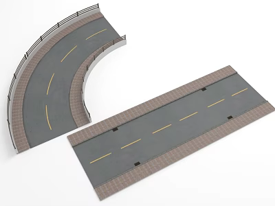 Curved and Straight Road Models with Gray Pavement Yellow Lane Lines and Brick Edges 3d model