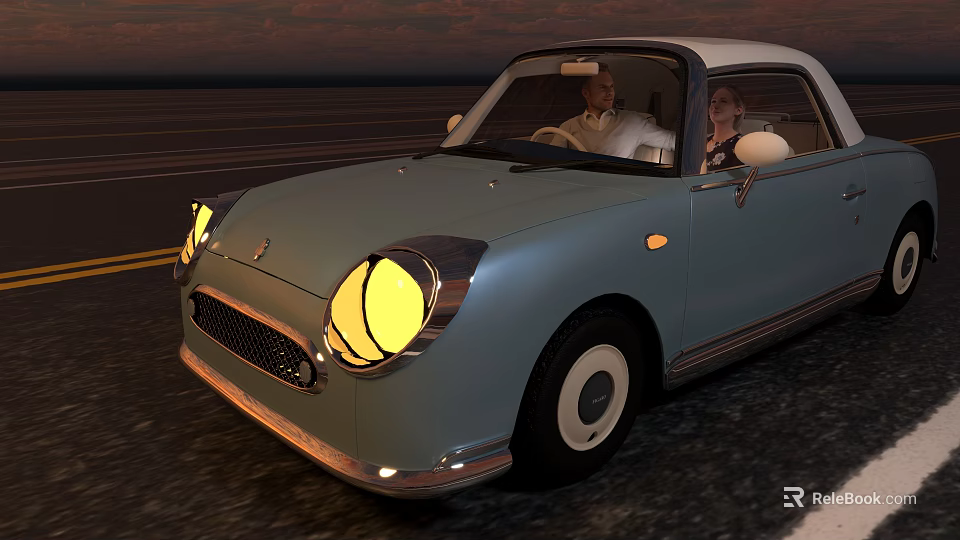 Light Blue Vintage Car with Lit Round Headlights Driving at Dusk with Two People Inside 3d model 