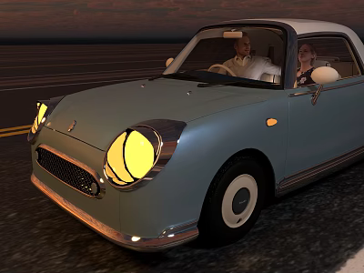 Light Blue Vintage Car with Lit Round Headlights Driving at Dusk with Two People Inside 3d model