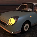 Light Blue Vintage Car with Lit Round Headlights Driving at Dusk with Two People Inside