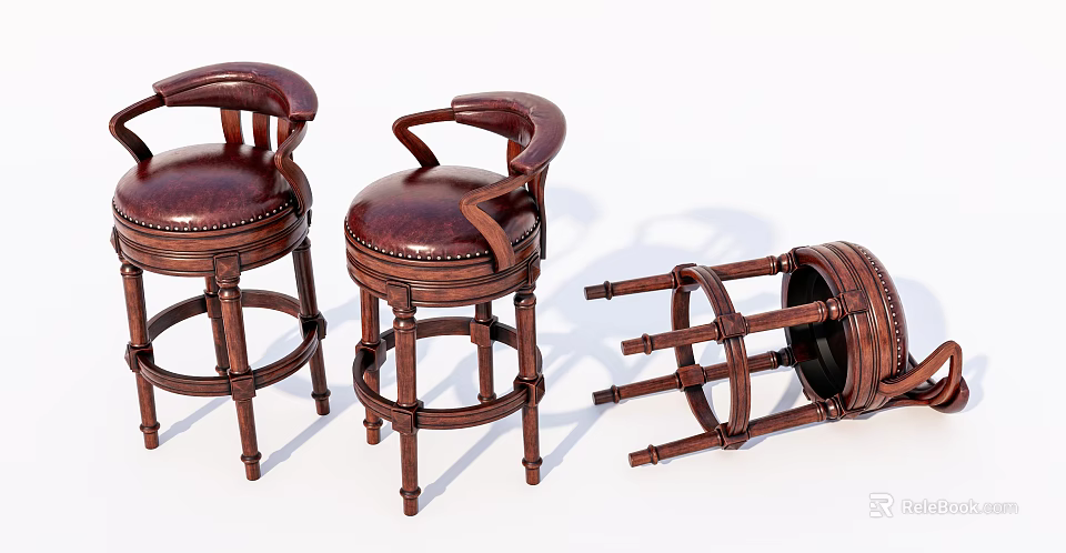 Vintage Wooden Bar Stools With Leather Seats And Armrests Three Pieces Including One Toppled Design 3d model 