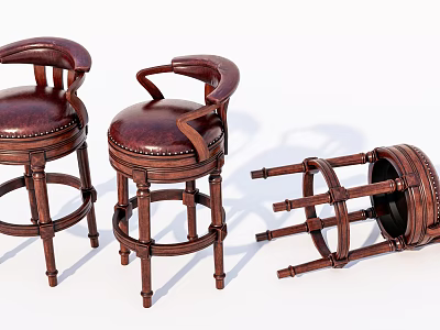 Vintage Wooden Bar Stools With Leather Seats And Armrests Three Pieces Including One Toppled Design 3d model