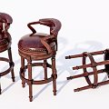 Vintage Wooden Bar Stools With Leather Seats And Armrests Three Pieces Including One Toppled Design