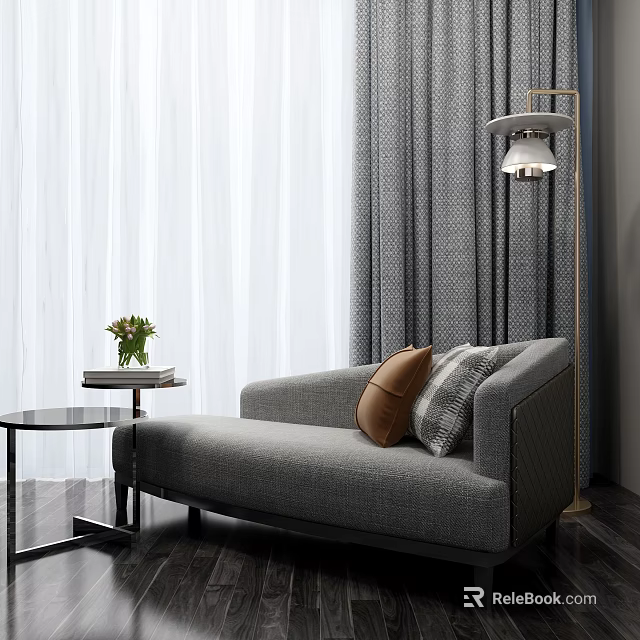 Gray Modern Chaise Lounge With Floor Lamp Side Table And Flower Arrangement 3d model 