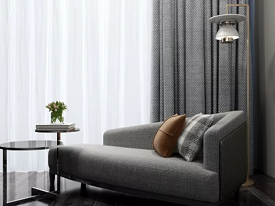 Gray Modern Chaise Lounge With Floor Lamp Side Table And Flower Arrangement 3d model
