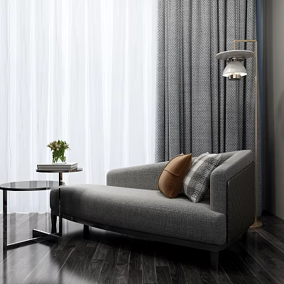 Gray Modern Chaise Lounge With Floor Lamp Side Table And Flower Arrangement 3d model