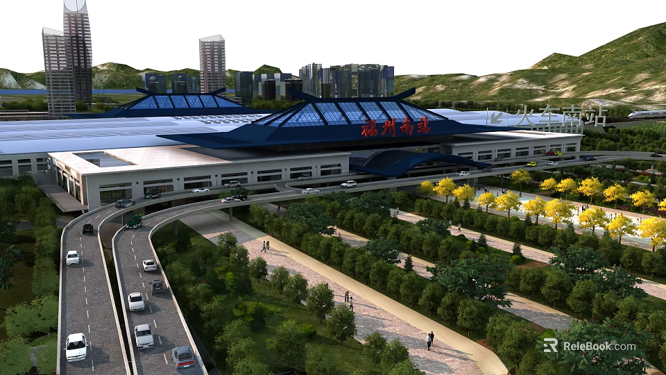 Ganzhou West Station Modern Exterior With Blue Roof Greenery And Surrounding High Rise Buildings 3d model 