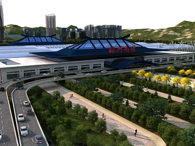 Ganzhou West Station Modern Exterior With Blue Roof Greenery And Surrounding High Rise Buildings 3d model