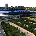 Ganzhou West Station Modern Exterior With Blue Roof Greenery And Surrounding High Rise Buildings