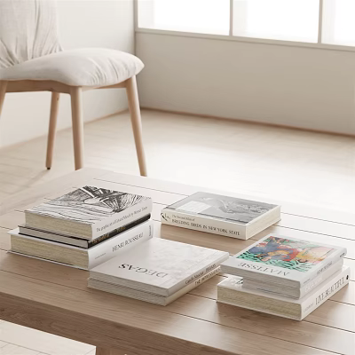 Stacks of Books and Magazines on Wooden Coffee Table With Various Cover Designs 3d model