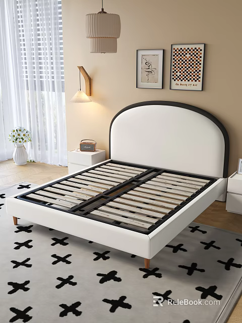 Modern Bedroom White Bed Frame With Wooden Slats Nightstand Table Lamp Rug And Decorative Paintings 3d model 