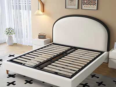 Modern Bedroom White Bed Frame With Wooden Slats Nightstand Table Lamp Rug And Decorative Paintings 3d model