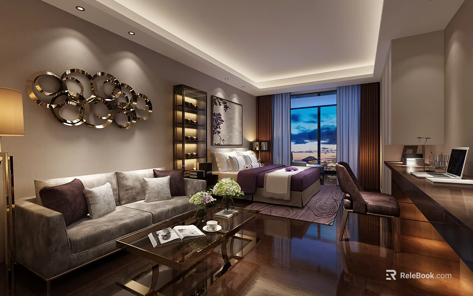 Luxurious Hotel Room Interior With Comfortable Bed Sofa Coffee Table And Scenic Window View 3d model 