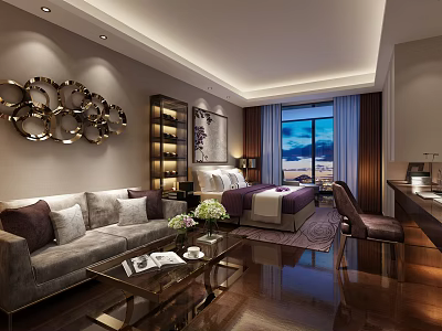 Luxurious Hotel Room Interior With Comfortable Bed Sofa Coffee Table And Scenic Window View 3d model