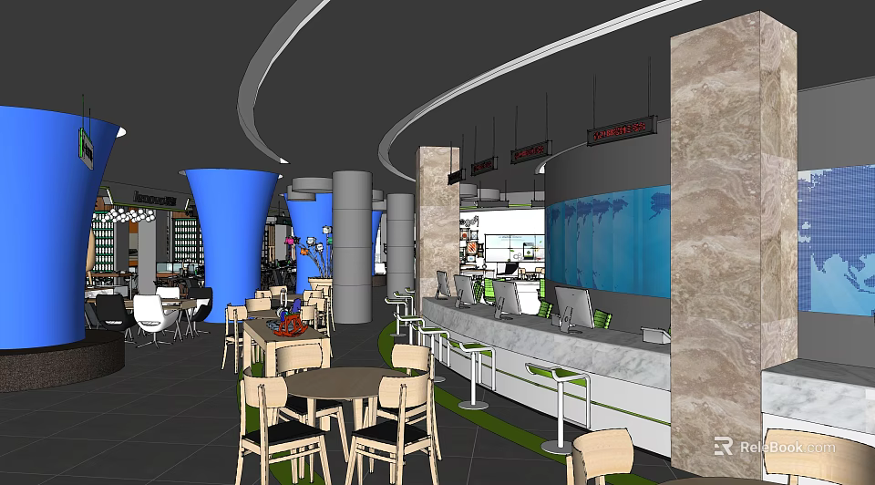 Modern Digital Store Interior With Display Counters Tables Chairs And Products 3d model