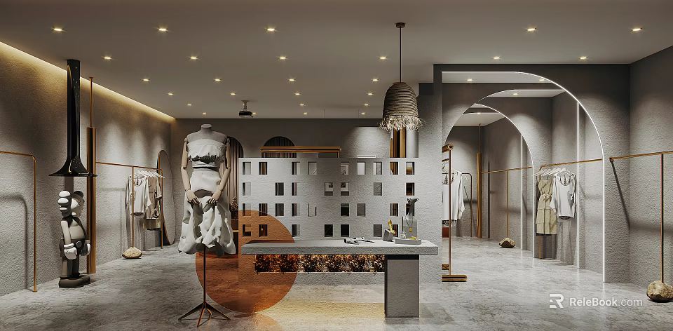 Modern Clothing Store Interior With Mannequin Clothing Racks Decorative Wall And Pendant Lights 3d model 