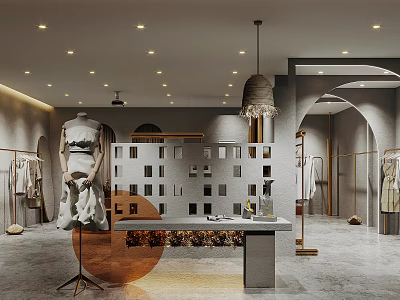 Modern Clothing Store Interior With Mannequin Clothing Racks Decorative Wall And Pendant Lights 3d model