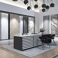 Modern Interior Showroom With Large Decorative Paintings Marble Panels White Armchairs And Pendant Lights