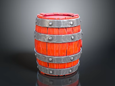Red Wooden Barrel With Silver Metal Hoops And Sturdy Construction Details 3d model