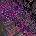 Industrial Facility Interior with Red Pipes Metal Structures and Yellow Grilles