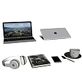 Open Apple Laptop Displaying Scenic View With Headphones Phone Magazine And Coffee