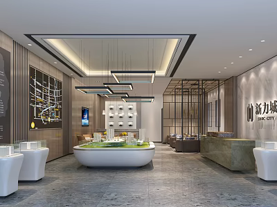 Modern Sales Office Interior Design With Display Counter Pendant Lights And Reception Desk 3d model