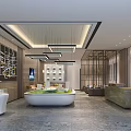 Modern Sales Office Interior Design With Display Counter Pendant Lights And Reception Desk