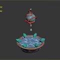 Wooden Stone Decorative Bowl Featuring Blue Crystal Water and Suspended Turquoise Sphere with Orange Coils