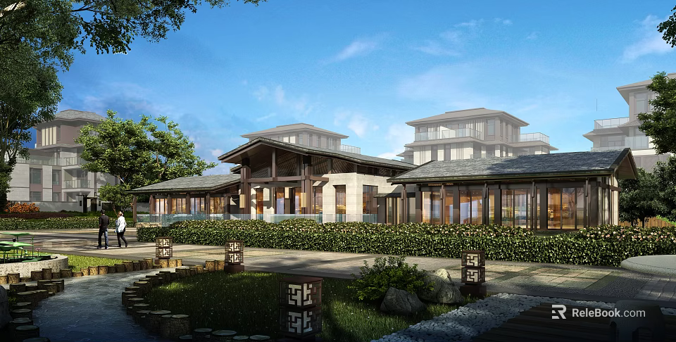 Modern Building With Traditional Roof Glass Windows Garden Lawn Stone Path And People Walking 3d model 
